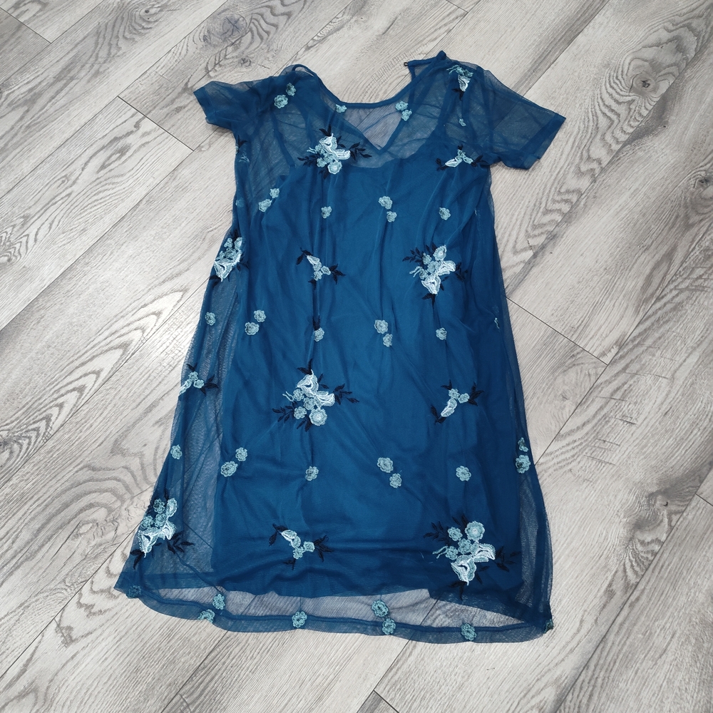 Hollister Navy Blue Floral Embroidered Mesh Dress
